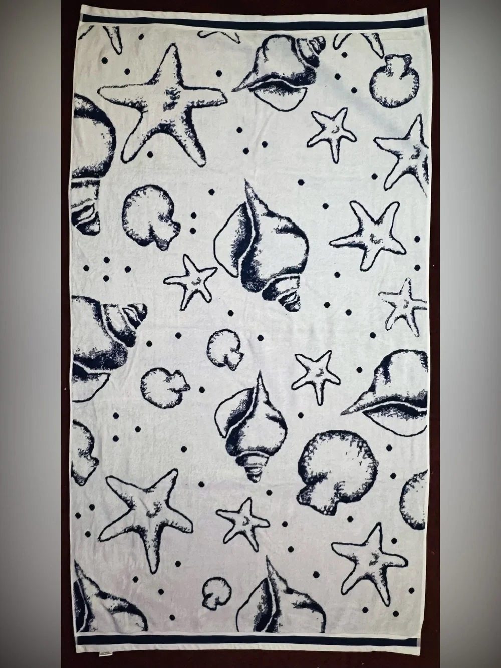 Navy Blue And White Seashells Beach Towel
